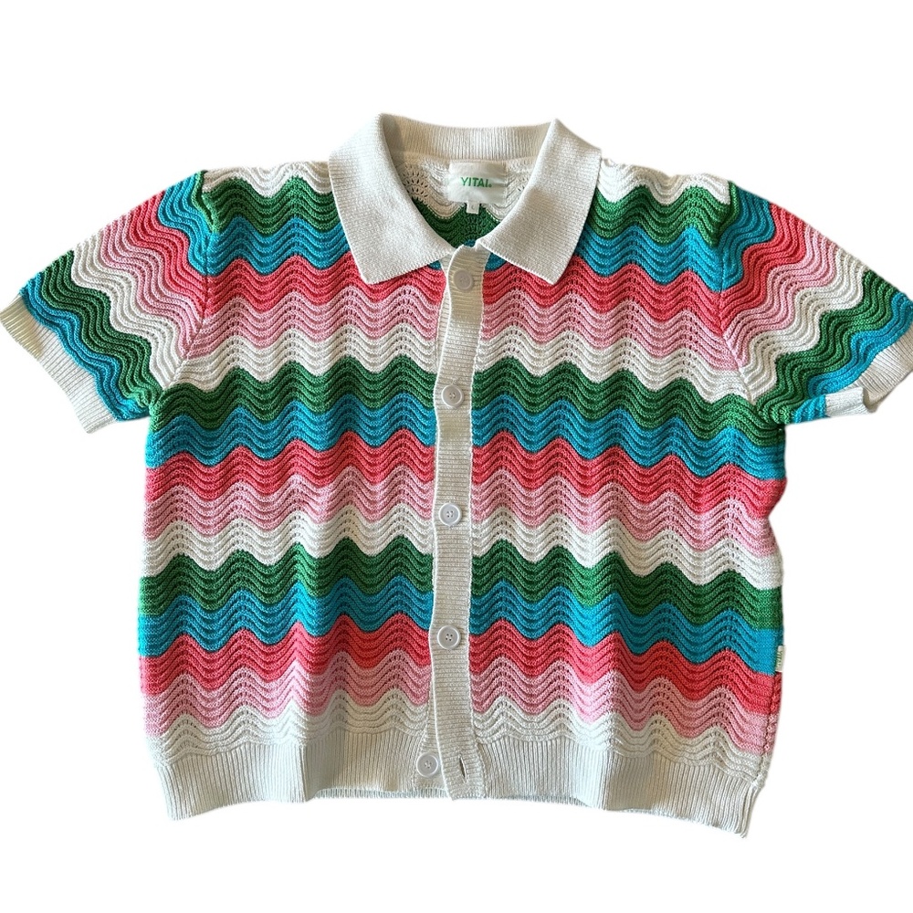 YITAI Short-Sleeve Cardigan Sweater – L (White/Pink/Blue/Green Vestron Stripes)